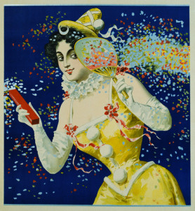 Party Graphic of Female Reveler with Fan and Confetti